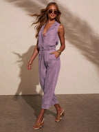 Denim Waist Cinching With Straps V-neck Sleeveless Loose-fit Jumpsuits