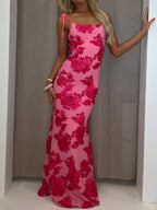 Sexy Halter-neck Bodycon Long Dress With Three-dimensional Floral Pattern