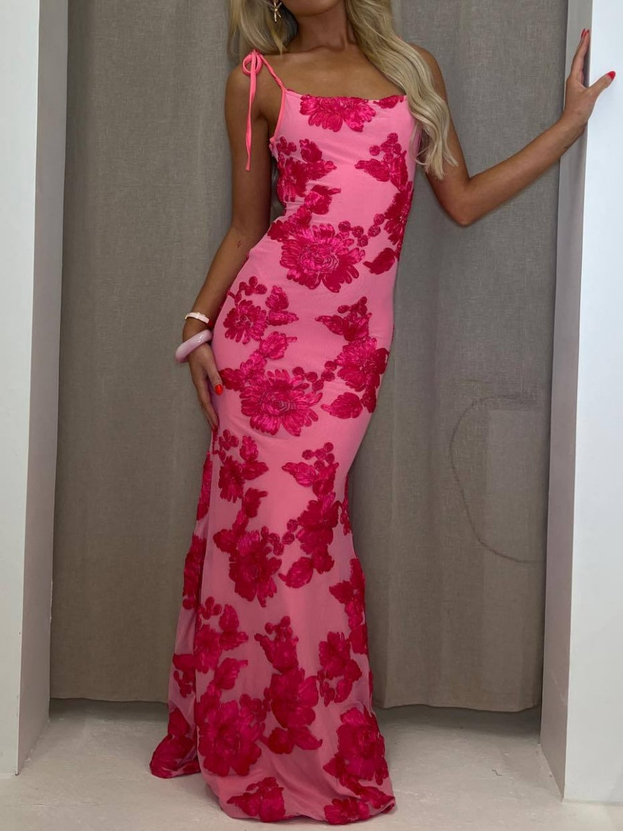 Sexy Halter-neck Bodycon Long Dress With Three-dimensional Floral Pattern