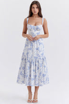 Floral Print Sweetheart Bustier Tie Strap Tiered Midi Dress