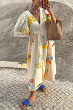 V Neck Button Down Tropic Print Sun-kissed Maxi Holiday Dress
