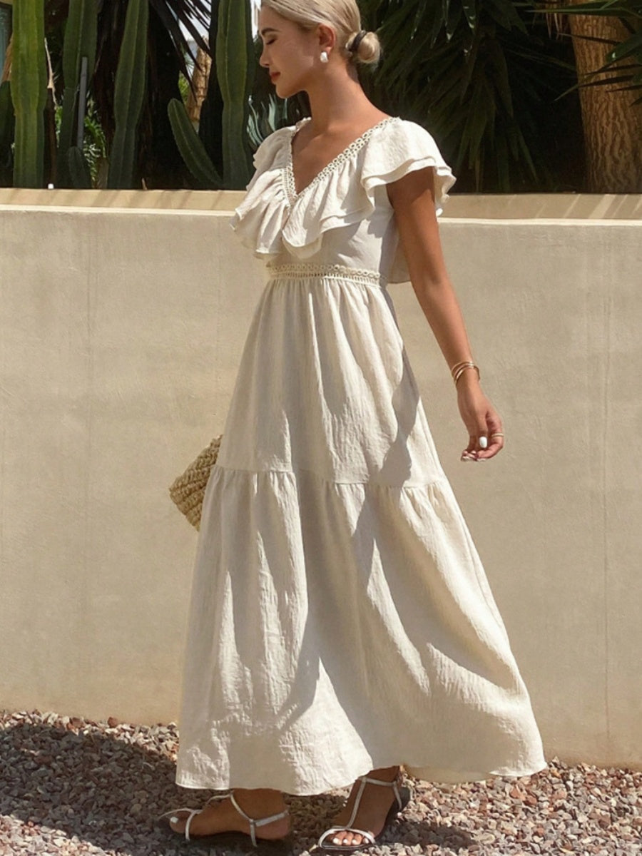 Lace-trimmed Loose-fitting V-neck Apricot Long Dress