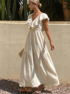 Lace-trimmed Loose-fitting V-neck Apricot Long Dress