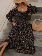 Floral Long Sleeve Square Collar Vacation And Leisure Maxi Dresses