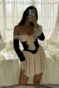 Off Shoulder Bow Front Corset Panel Ruffle Cuff Mini Dress