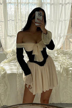 Off Shoulder Bow Front Corset Panel Ruffle Cuff Mini Dress