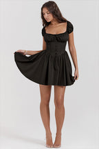 Square Neck Puff Sleeve Button Front Corset Bodice Skater Mini Dress