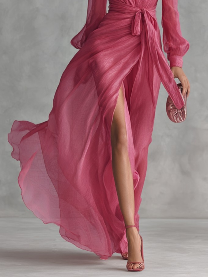 V-neck, Slit, Belted Waist Long Dress