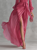 V-neck, Slit, Belted Waist Long Dress