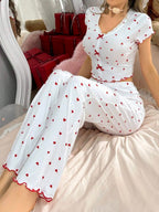 Heart-print Bow V-neck Short-sleeved Trousers Set That Can Be Worn As Loungewear
