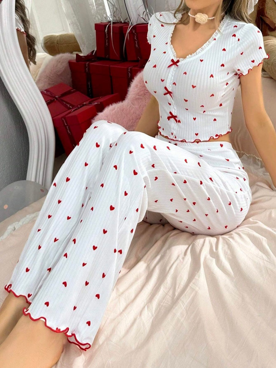 Heart-print Bow V-neck Short-sleeved Trousers Set That Can Be Worn As Loungewear