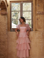 Square Collar Puff Sleeve Cake Skirt Vacation Parties Maxi Dresses
