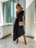 Sloping Shoulders Pleated Hollow Flowers Parties Bridesmaid Maxi Dresses