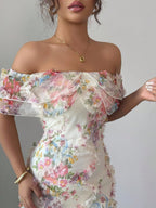 Printed Textured Fabric Off Shoulder Ruffle Maxi Dresses