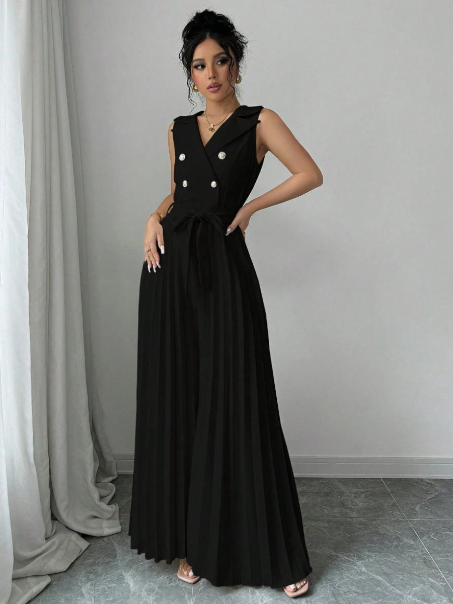 Commuting Suit Collar Pleated Pants Double-breasted Jumpsuits