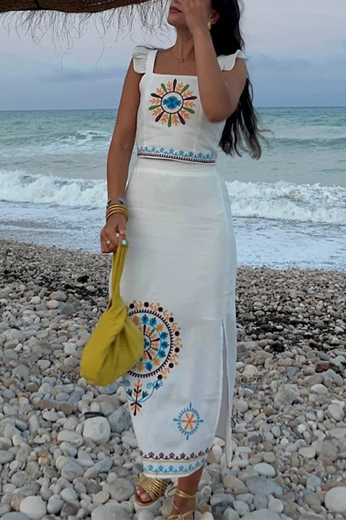 Unique Print Ruffle Cami Crop Top Side Slit Midi Skirt Set