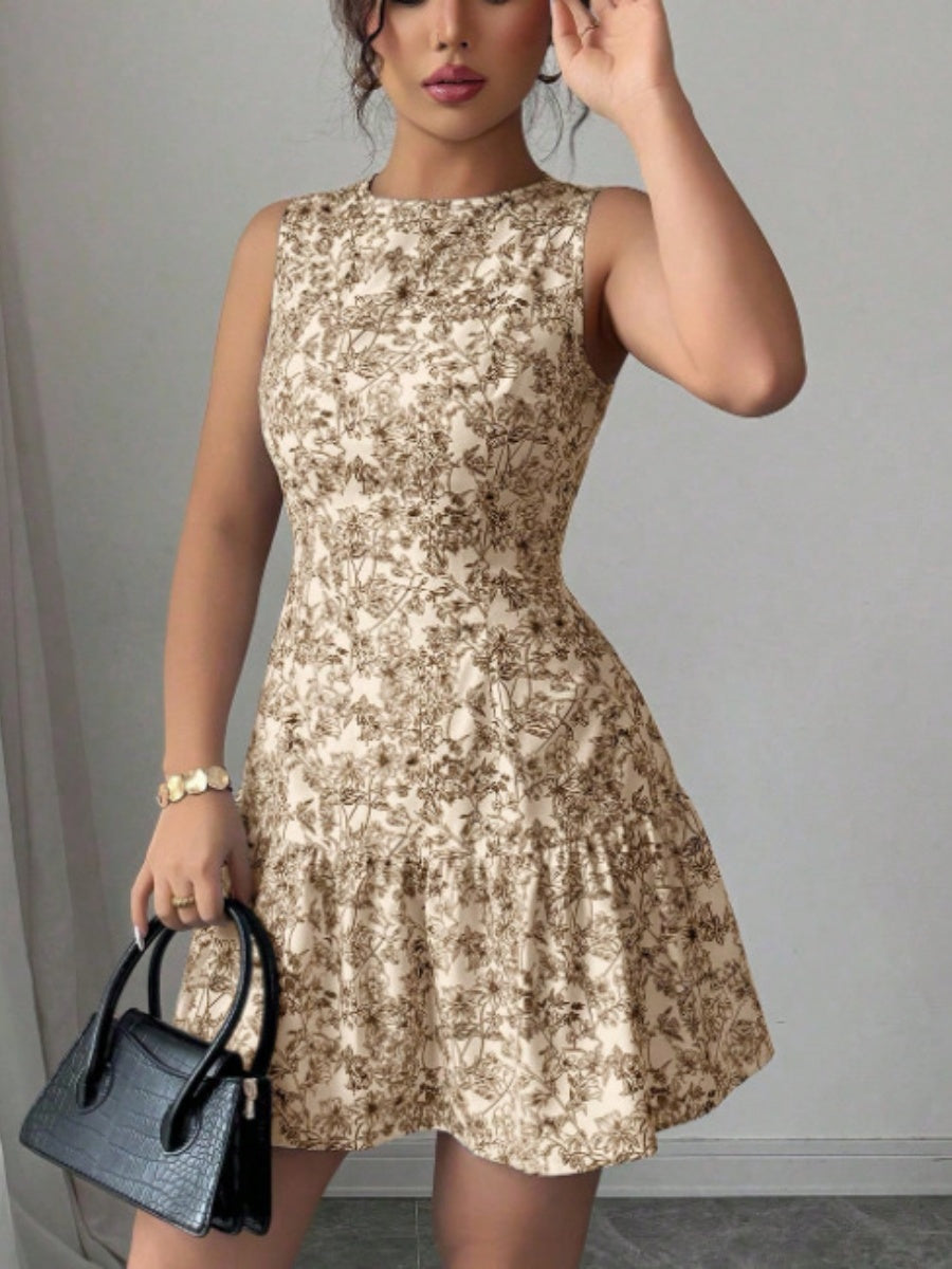 Bohemian Style French Elegance Floral Print Sleeveless Belted Short Dress
