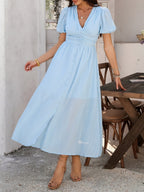 Slit Short Sleeve V-neck Vacation And Leisure Maxi Dresses