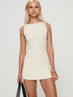 Halter-neck Textured Backless Slim-fit Sexy Short Dress