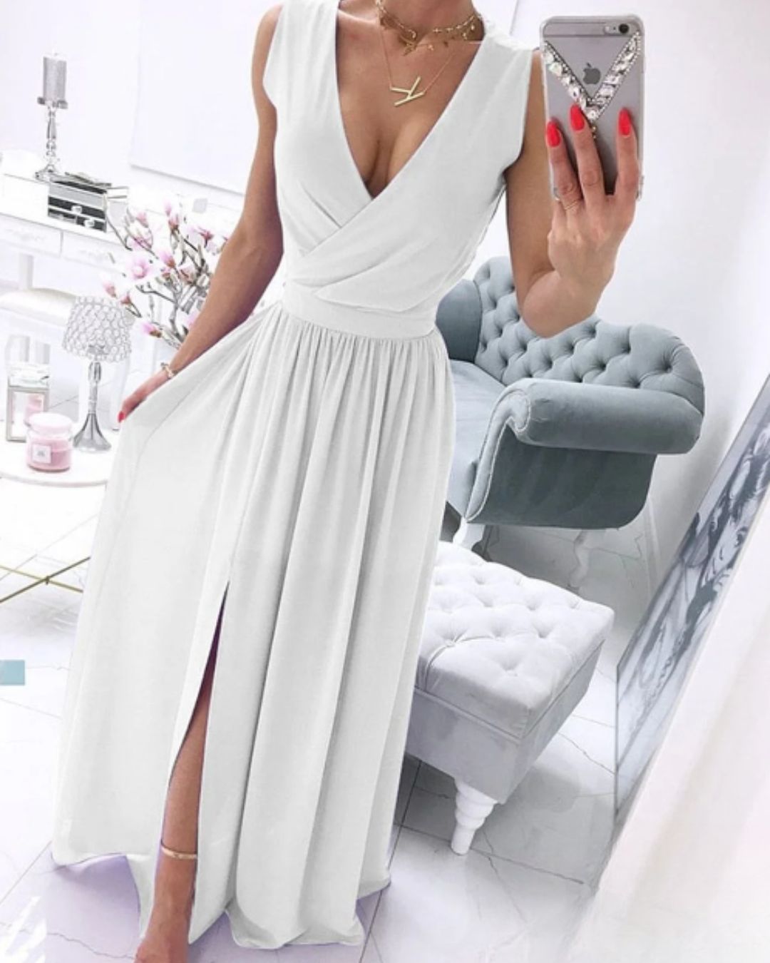 | Sleeveless Beach Dress in Deep V-Neck