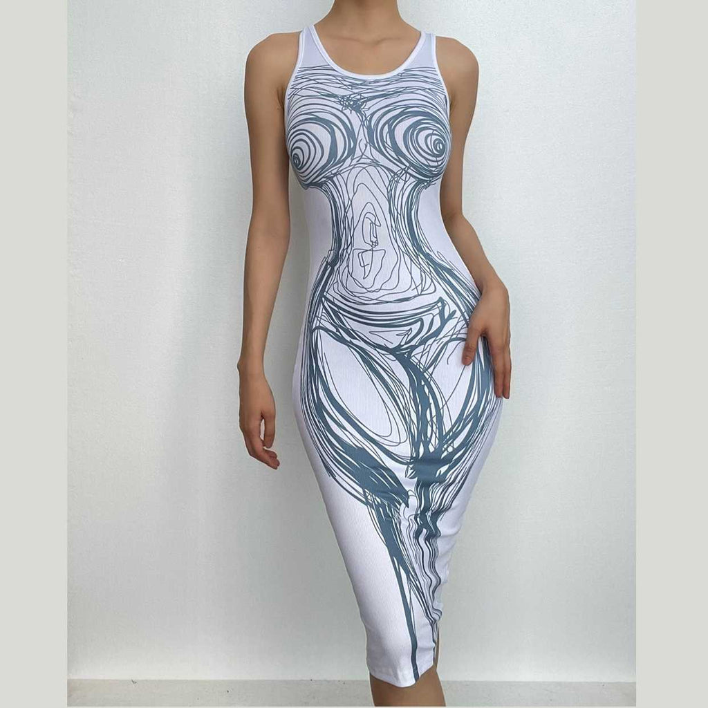 Line pattern contrast u neck body print sleeveless midi dress
