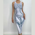 Line pattern contrast u neck body print sleeveless midi dress