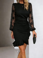 Lace-trimmed Puff Sleeves Ruffled Cross Hem Midi Dresses
