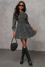 Denim Puff Shoulder Paneled Fit and Flare Mini Dress