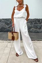 V Neck Backless Waisted Wide Leg Floral Cami Jumpsuit
