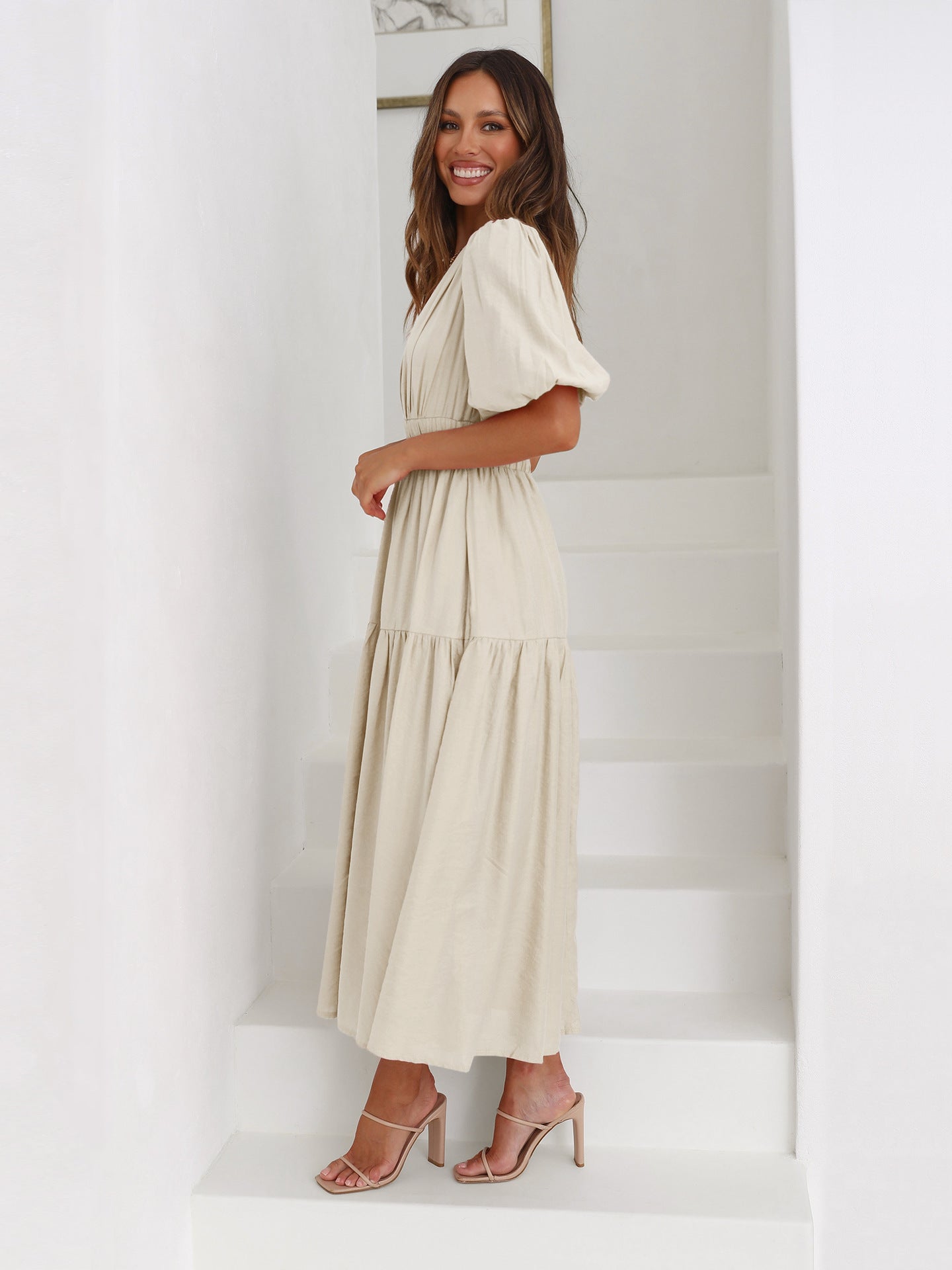 Eulalia Exclusive V Neck Dress with Puff Sleeves Chic Silhouette Collection