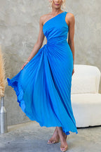 One Shoulder Drawstring Cut Out Waist Pleated Maxi Dress