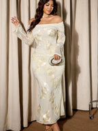 Long-sleeved, Fitted, Off-shoulder, Pleated Floral Jacquard Mesh Maxi Dress