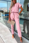 V Neck Rolled Sleeve Pullover Knot Waist Tapered Pants Set
