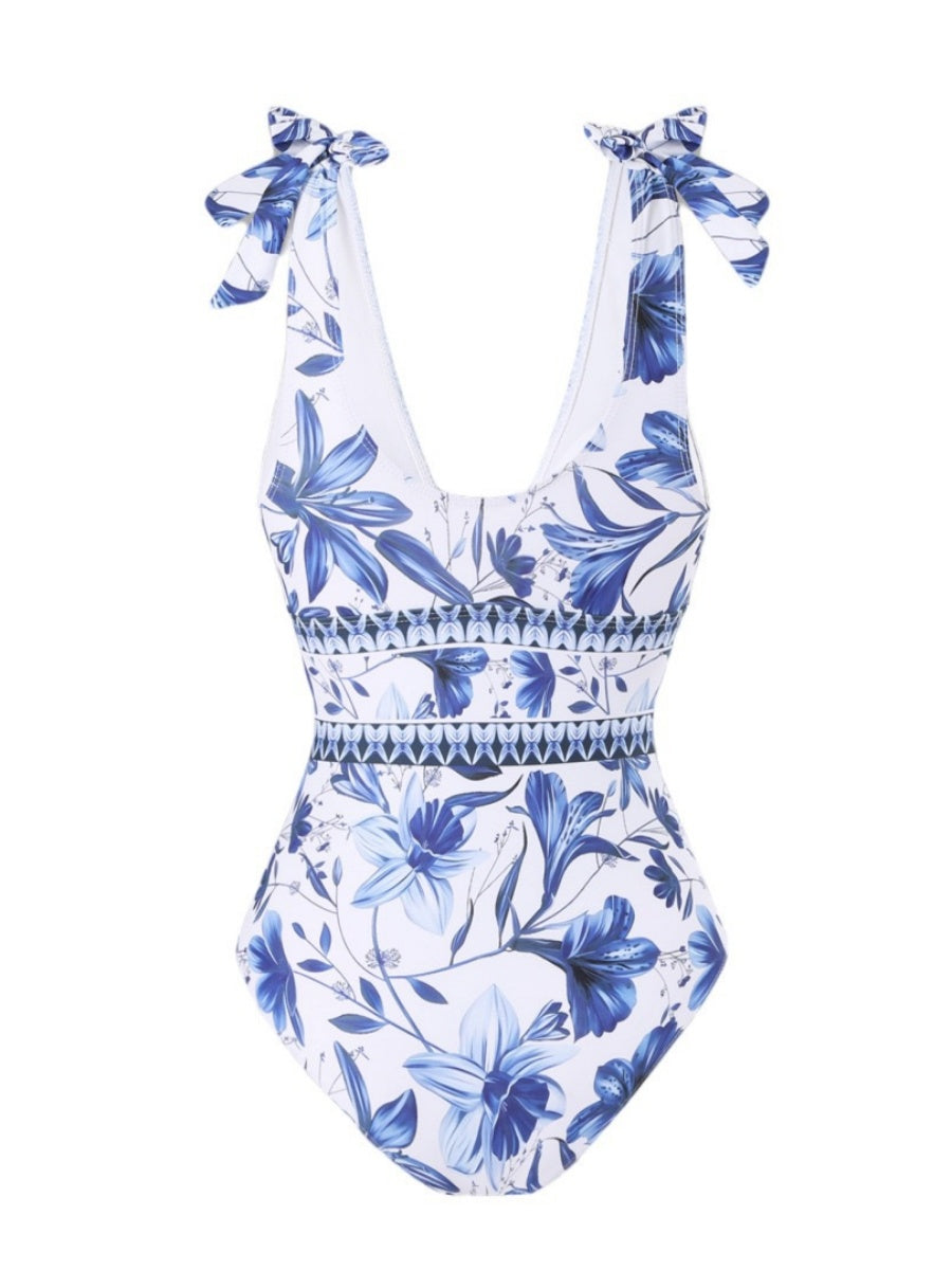 Blue And White Porcelain Print One-piece Slimming And Figure-flattering Long Swimsuit And Sun Protection Dress Two-piece Set