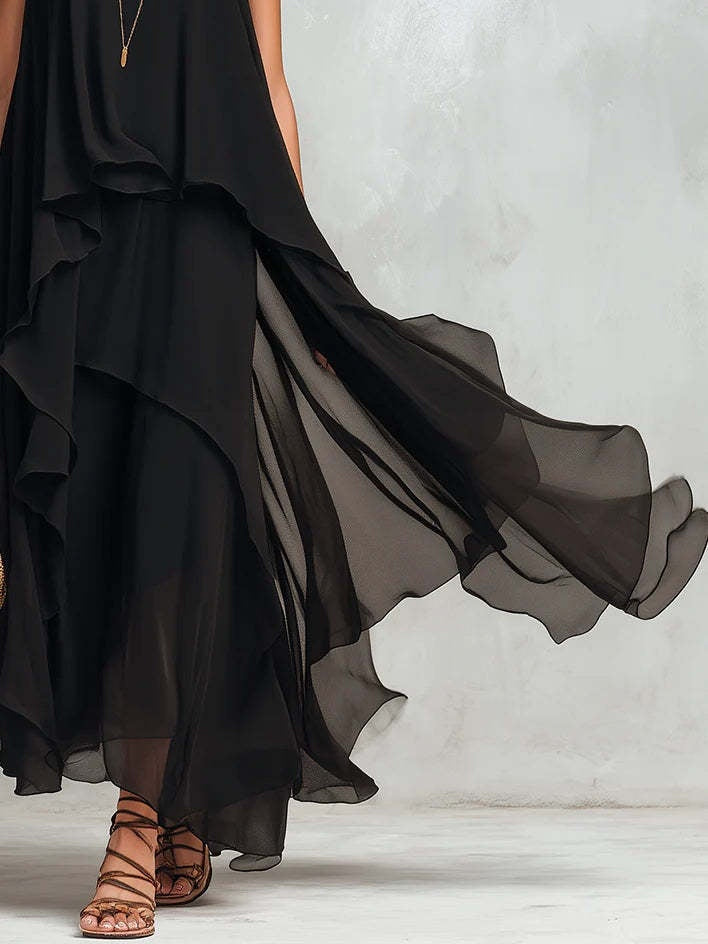 Black Sleeveless Asymmetrical Chiffon Maxi Dress