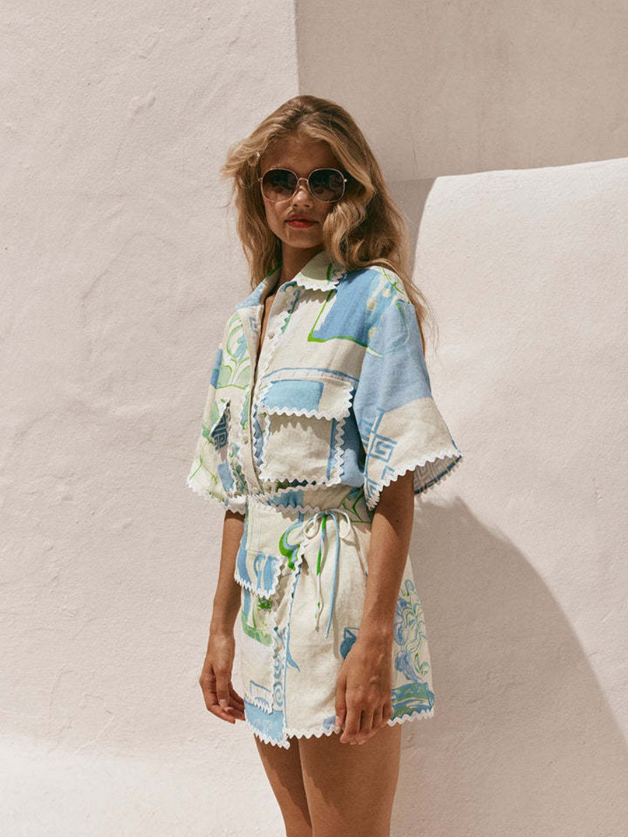 Trim Geometric Print Stylish Shirt And Shorts Two-piece Set