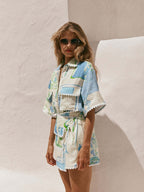 Trim Geometric Print Stylish Shirt And Shorts Two-piece Set