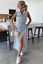 Denim Collar Button Down Belted Pocket Flap Sleeveless Maxi Shirt Dress