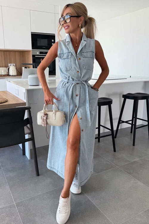 Denim Collar Button Down Belted Pocket Flap Sleeveless Maxi Shirt Dress