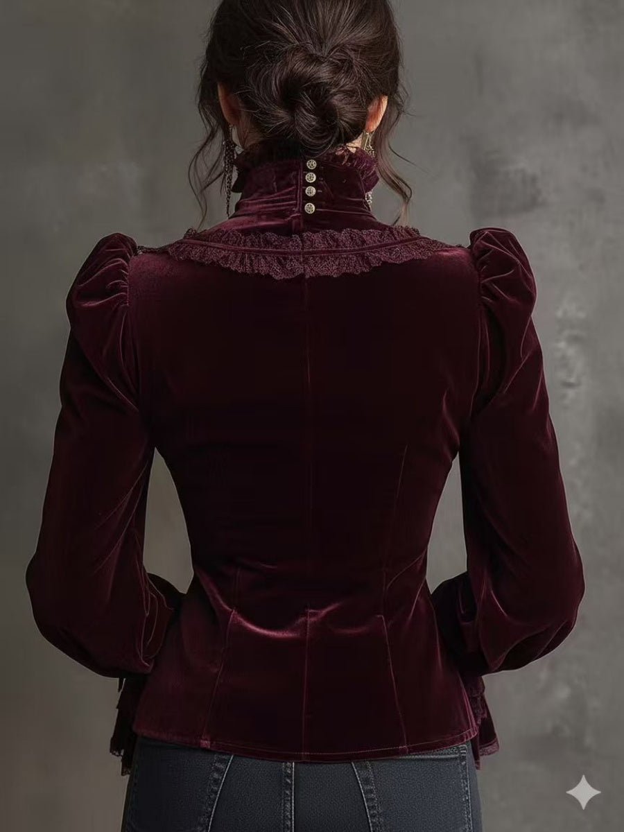 Velvet Lace Stitching Long Sleeve Turtleneck Shirts