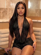 Lace Sway Neck Backless Top Slim-fit Shorts 2-piece Sets