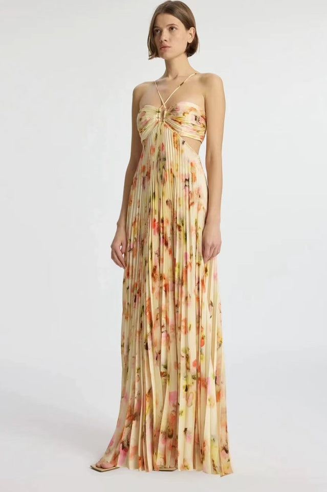Pleated Floral Print Halter Neck Waist Cut Out Maxi Dress