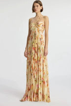 Pleated Floral Print Halter Neck Waist Cut Out Maxi Dress
