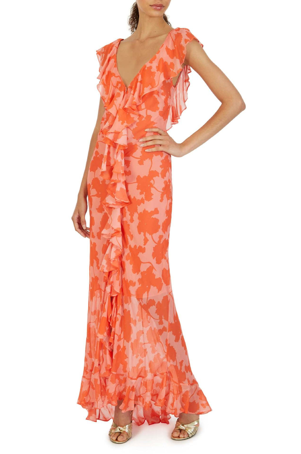 Ruffle High Slit V-neck Perspective Formal Dress Maxi Dresses