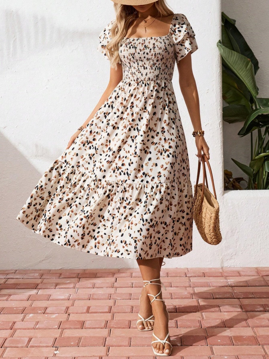 Floral Short Sleeve Square Collar Ruffle Vacation And Leisure Maxi Dresses
