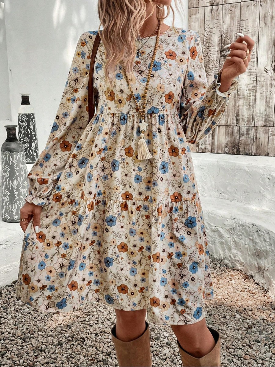 Floral Puff Sleeve Tie-waist Short Dress