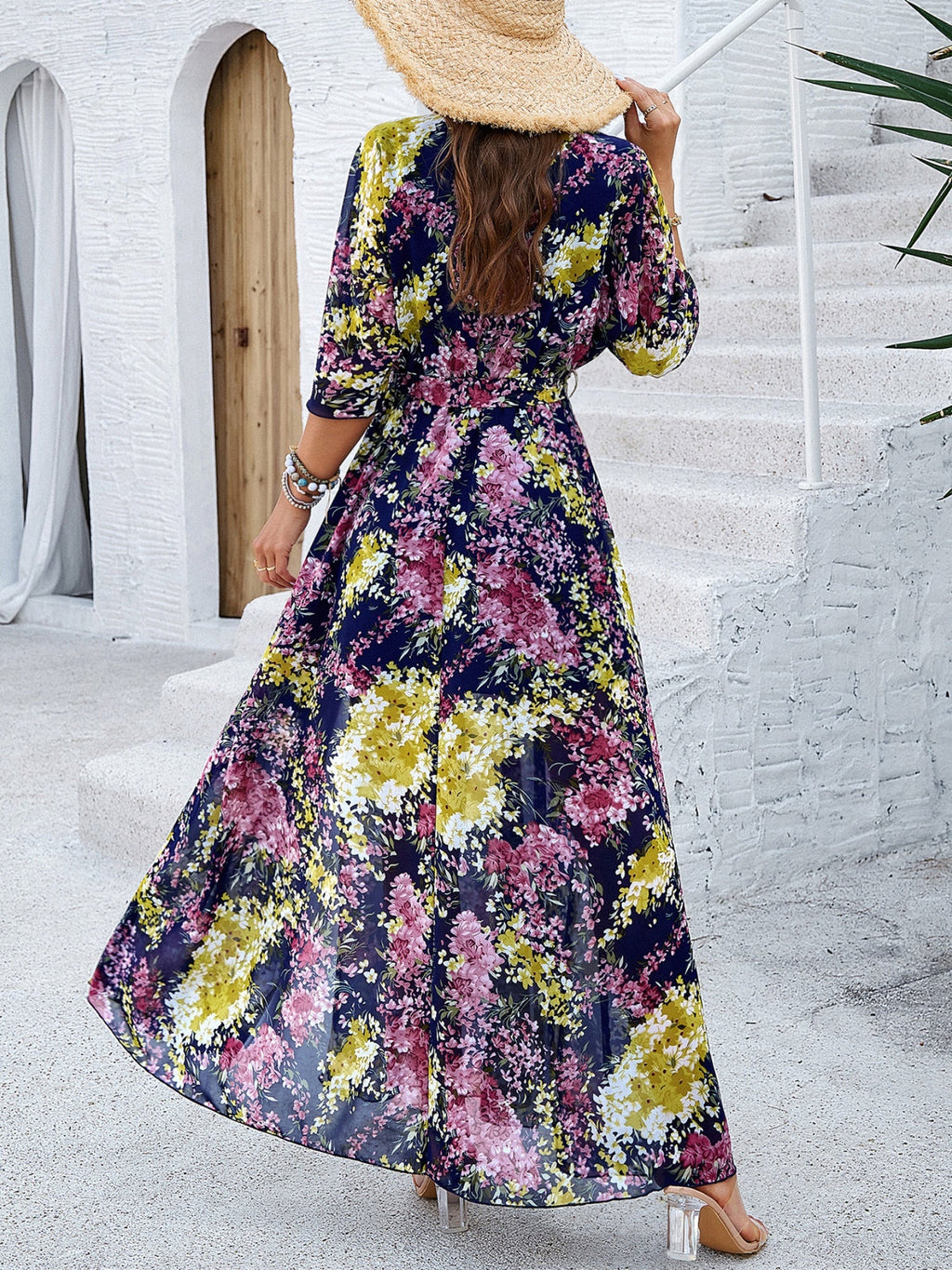 Printed Straps V-neck Short Sleeve Slit Maxi Dresses