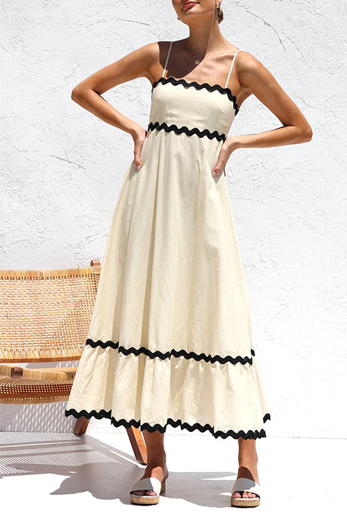 Spaghetti Strap High Waist Ric Rac Ruffle Maxi Dress