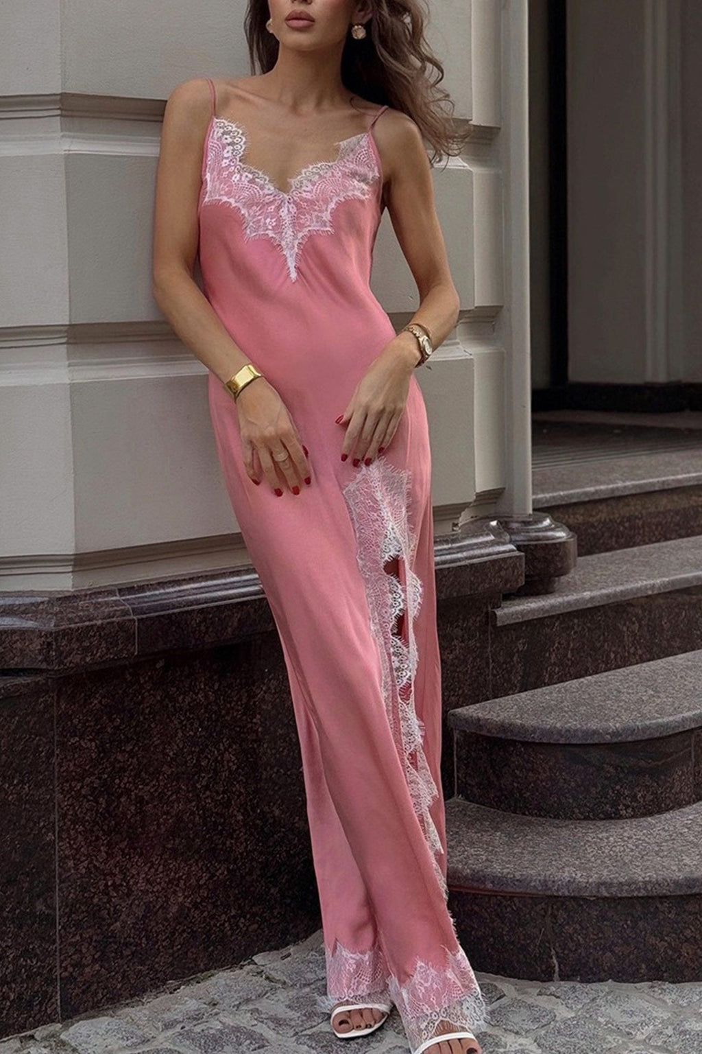 Satin Lace Trim V-Neck Spaghetti Strap High Slit Maxi Dress