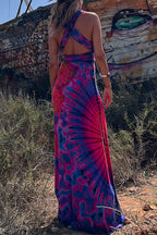 V Neck Criss Cross Backless Tie Dye Maxi A-line Dress
